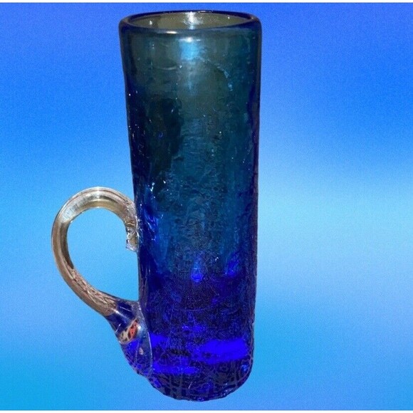 #606 pilgrim Art Glass Benedictine Applied Handle Tall Crackle Blue Shot Glass - Picture 2 of 10